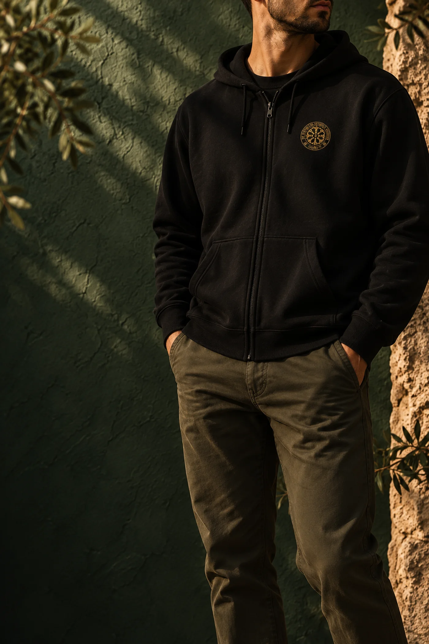 Black Orthodox apparel in warm light against a Field green wall